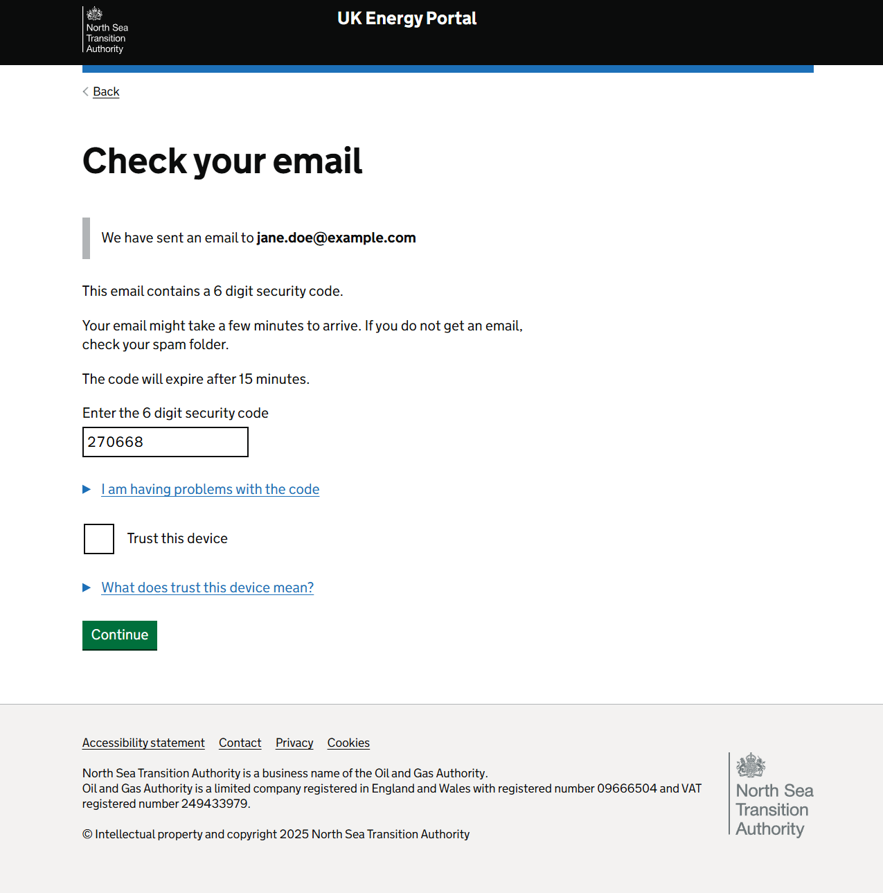 Multi-factor authentication page with code entered
